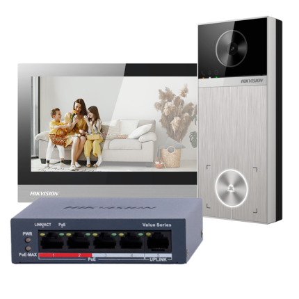 Comprar HIKVISION DS-KIS613-S Kit de videoportero 4 Mpx - Tecnología IP &amp; WiFi | Switch PoE - Placa y monitor | Permite 16 monitores más - Bluetooth | PoE - App móvil con P2P | Relés internos en monitor - Montaje sobre superficie | IP65