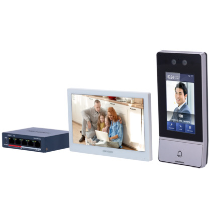 Comprar HIKVISION DS-KIS902-S Kit de videoportero - Tecnología IP & WiFi | Switch PoE - Placa y monitor | Permite 16 monitores más - Facial, tarjeta MF, PIN y QR | PoE - App móvil con P2P | Relés internos en monitor - Montaje sobre superficie | IP65