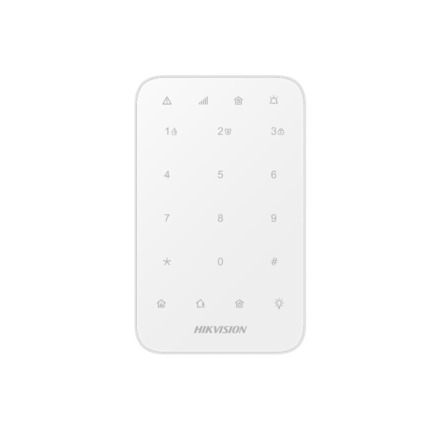 Comprar Hikvision HIK-271 DS-PK1-E-WE Teclado LED vía radio de la serie AX PRO. Permite activar o desactivar el sistema de alarma mediante código. Teclas táctiles retroiluminadas. Indicador LED de área programada. Control de salida. Armado, desarmado, bo