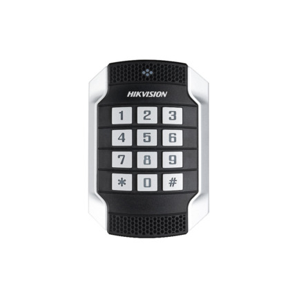 Comprar Hikvision HIK-331 DS-K1104MK Teclado con lector de tarjetas antivandálico HIKVISION de exterior. Lector de tarjetas Mifare 1. Zumbador audible incorporado. Interfaz RS485 y Wiegand 26/34. Alarma antisabotaje. Carcasa de material de aleación de zi