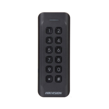Comprar Hikvision HIK-342 DS-K1802MK Lector Mifare HIKVISION con teclado 12 teclas. Estándar ISO 14443-A Mifare 13,56MHz. Rango de lectura: ?50 mm. Comunicación Wiegand 26/34. Watchdog. Protección IP65.