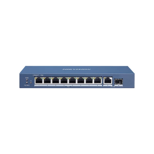 Hikvision HIK-684 DS-3E0510P-E Switch PoE Gigabit no gestionable Hikvision. 8 puertos PoE Gigabit. 1 puerto RJ45 Uplink Gigabit.