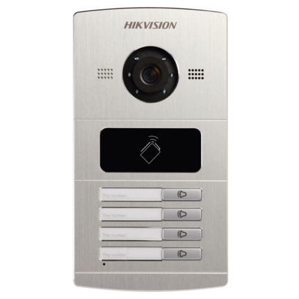 Comprar Hikvision HIK-79 DS-KV8402-IM Estación de videoportero IP de exterior con cuatro pulsadores de llamada y lector de tarjetas Mifare. CMOS de 1,3MP. H.264. Suplemento IR. Audio bidireccional. Función de control de accesos. 1 RJ45. 1 RS485. 4 entrad
