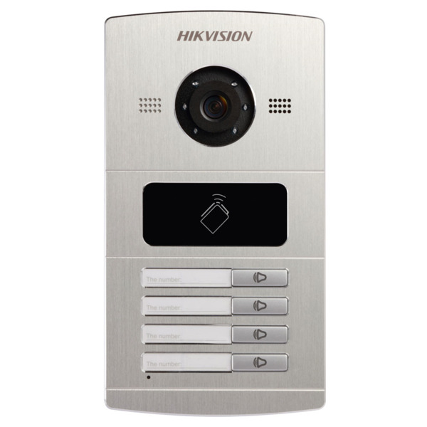 Hikvision HIK-79 DS-KV8402-IM Estación de videoportero IP de exterior con cuatro pulsadores de llamada y lector de tarjetas Mifa