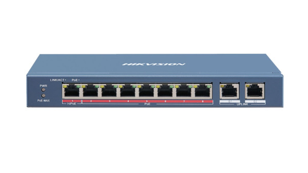 HIKVISION TRANSMISION AND DISPLAY DS-3E0310HP-E Switch PoE 100Mbps 8 puertos 7P PoE 300m + 1P Hi-PoE 2P RJ45 Gigabit No gestiona (1)