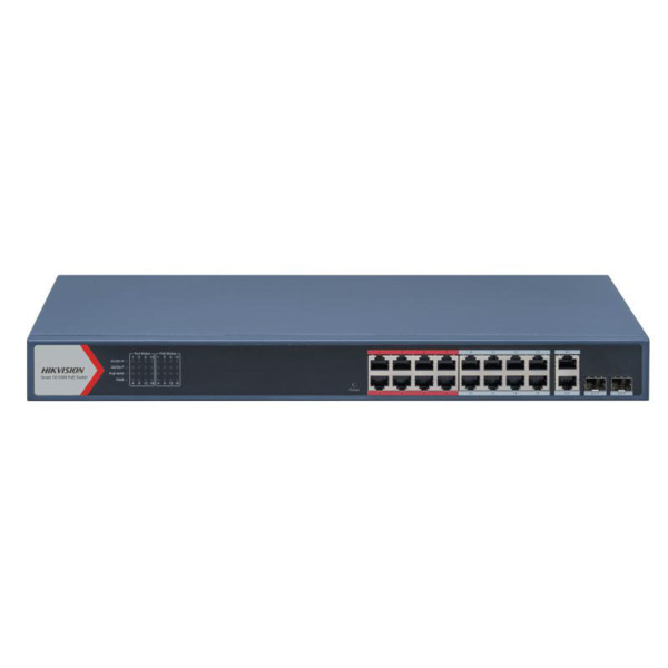 HIKVISION TRANSMISION AND DISPLAY DS-3E1318P-EI(B) Switch POE inteligente 16 puertos 100Mbps - 2 Puertos Gigabit RJ45 - 2 Puerto
