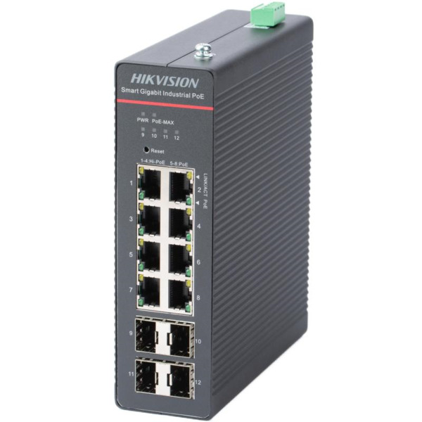 HIKVISION TRANSMISION AND DISPLAY DS-3T1512HP-SI-8P4F Switch PoE industrial inteligente administrado de 8 puertos Gigabit 4 puer