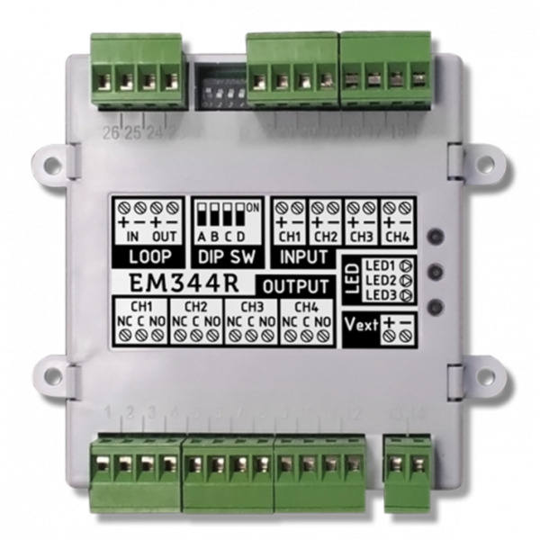 INIM EM344R Módulo de 4 entradas (2 configurables como zona convencional) y 4 salidas de relé, con aislador