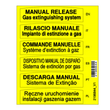 KIDDE COMMERCIAL 2196844 Hoja de etiquetas de puerta de pulsador manual DIN multilingüe convencional. Para pulsador 240315. Colo