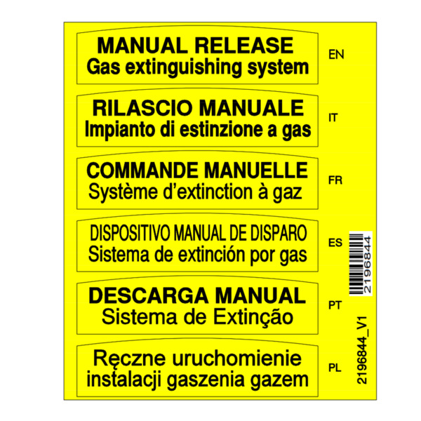 KIDDE COMMERCIAL 2196844 Hoja de etiquetas de puerta de pulsador manual DIN multilingüe convencional. Para pulsador 240315. Colo