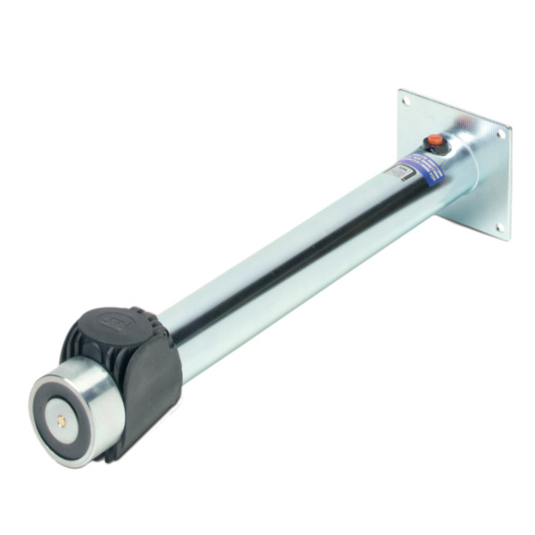 KILSEN FE570 Retenedor electromagnético de 490N con tubo regulable y pulsador de desbloqueo. No incluye base estandar de acero (