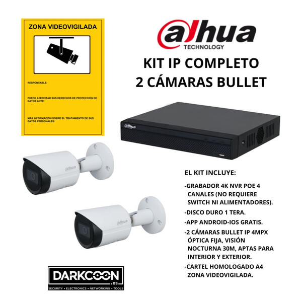KIT 2 CÁMARAS BULLET DAHUA IP POE ONVIF. SISTEMA COMPLETO VIDEOVIGILANCIA CCTV. SEGURIDAD PARA TIENDA, HOGAR, NEGOCIO O EMPRESA.