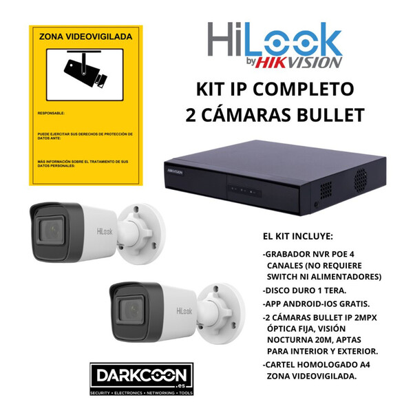 KIT 2 CÁMARAS BULLET HIKVISION IP POE ONVIF. SISTEMA VIDEOVIGILANCIA CCTV. SEGURIDAD PARA TIENDA, HOGAR, NEGOCIO O EMPRESA.