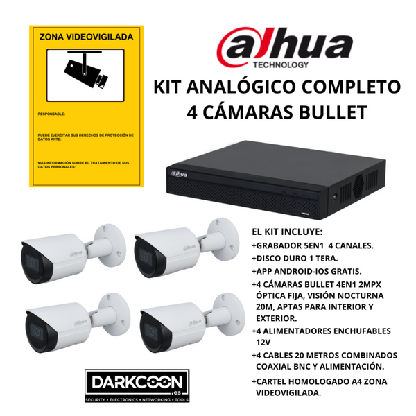 KIT 4 CÁMARAS BULLET DAHUA ANALÓGICO. SISTEMA COMPLETO VIDEOVIGILANCIA CCTV. SEGURIDAD PARA TIENDA, HOGAR, NEGOCIO O EMPRESA.