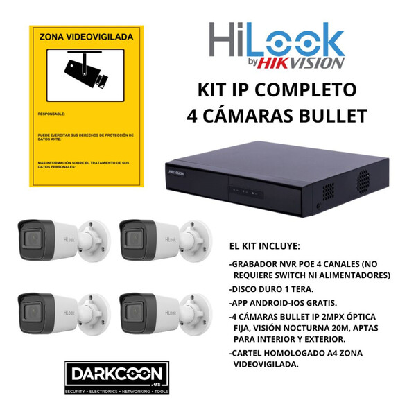 KIT 4 CÁMARAS BULLET HIKVISION IP POE ONVIF. SISTEMA VIDEOVIGILANCIA CCTV. SEGURIDAD PARA TIENDA, HOGAR, NEGOCIO O EMPRESA.