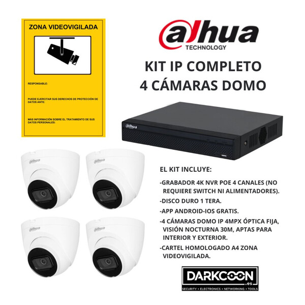 KIT 4 CÁMARAS DOMO DAHUA IP POE ONVIF. SISTEMA COMPLETO VIDEOVIGILANCIA CCTV. SEGURIDAD PARA TIENDA, HOGAR, NEGOCIO O EMPRESA.