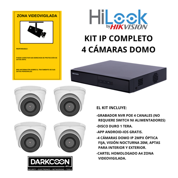 KIT 4 CÁMARAS DOMO HIKVISION IP POE ONVIF. SISTEMA VIDEOVIGILANCIA CCTV. SEGURIDAD PARA TIENDA, HOGAR, NEGOCIO O EMPRESA.