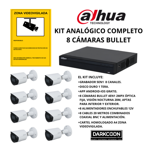 KIT 8 CÁMARAS BULLET DAHUA ANALÓGICO. SISTEMA COMPLETO VIDEOVIGILANCIA CCTV. SEGURIDAD PARA TIENDA, HOGAR, NEGOCIO O EMPRESA.