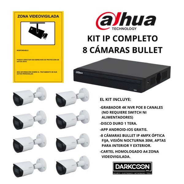 KIT 8 CÁMARAS BULLET DAHUA IP POE ONVIF. SISTEMA COMPLETO VIDEOVIGILANCIA CCTV. SEGURIDAD PARA TIENDA, HOGAR, NEGOCIO O EMPRESA.