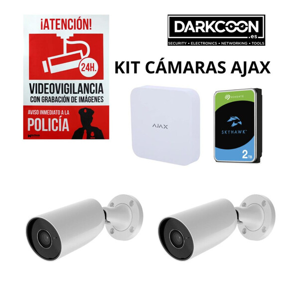 Kit Ajax Videovigilancia IP. Con NVR de 8 canales 5Mpx 2,8mm + Disco duro 2Tb + 2 Cámaras Bullet IP 5Mpx + Cartel Advertencia