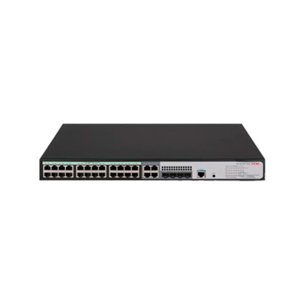 Switch PoE H3C gestionable L3. 24 puertos PoE Gigabit. 4 combo SFP Gigabit. 1 puerto consola. Entrega PoE de hasta 30W por puert