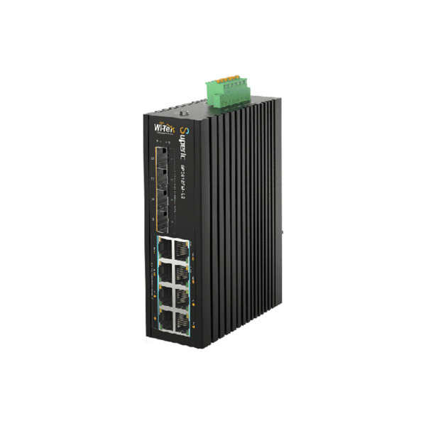 Switch PoE gestionable L2 Wi-Tek de gama industrial. 8 puertos PoE+ Gigabit. 4 puertos SFP de 2,5Gbps. 1 puerto consola. Entrega