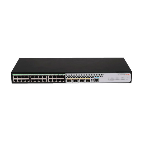 Switch H3C gestionable L2. 24 puertos Ethernet Gigabit. 4 ranuras SFP+ Ten-Gigabit. 1 puerto consola. División VLAN, 802.3x. Agr