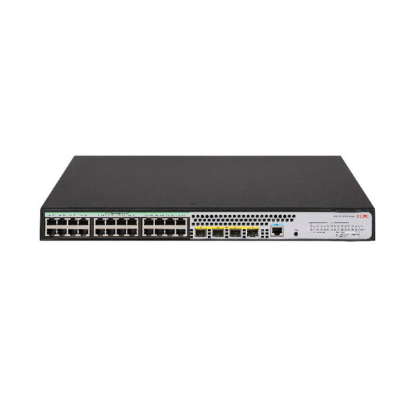 Switch PoE H3C gestionable L2. 24 puertos PoE Gigabit. 4 puertos SFP+ Ten-Gigabit. 1 puerto consola. Entrega PoE de hasta 30W po