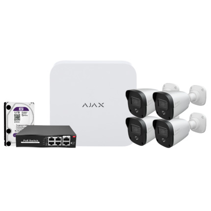 Comprar OEM AJ-NVRKIT108B-4 Kit de videovigilancia Ajax - Grabador Ajax de 8 canales   - 4 cámaras bullet de 4 Mpx Safire Smart DualLight - Switch PoE de 4 canales - Un disco duro de 1 TB - Integración por ONVIF