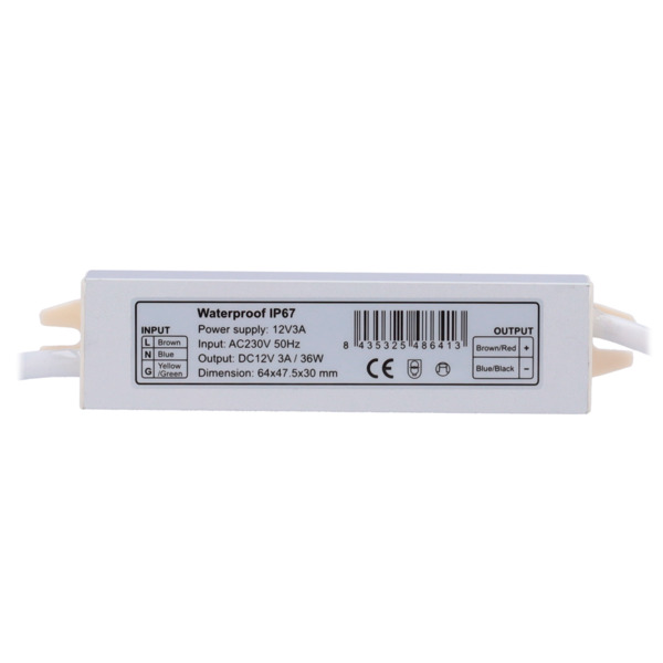 OEM DC12V3A-IP67 Fuente de alimentación - Salida DC 12 V, 3 A - Salida AC 230V 50Hz - Impermeable IP67 - Protección: Sobrecarga/ (1)