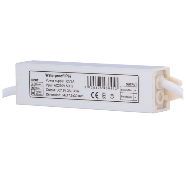 OEM DC12V3A-IP67 Fuente de alimentación - Salida DC 12 V, 3 A - Salida AC 230V 50Hz - Impermeable IP67 - Protección: Sobrecarga/