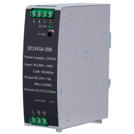 Comprar OEM DC24V5A-DIN Fuente de alimentación conmutada - Salida DC 24 V 5 A / 120 W - 2 salidas - Voltaje entrada 100 V ~ 240 V - 123.5 (Al) x 41 (An) x 110.3 (Fo) mm - Montaje en carril DIN