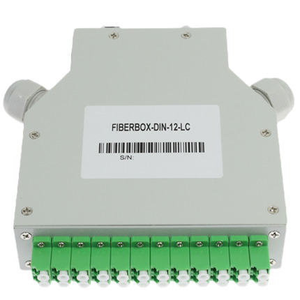 Comprar OEM FIBERBOX-DIN-12-LC Caja de fibra  - 12 puertos LC/APC Duplex - Tipo pulido APC, color verde - Bandeja de empalme (sin pigtail) - Carril DIN
