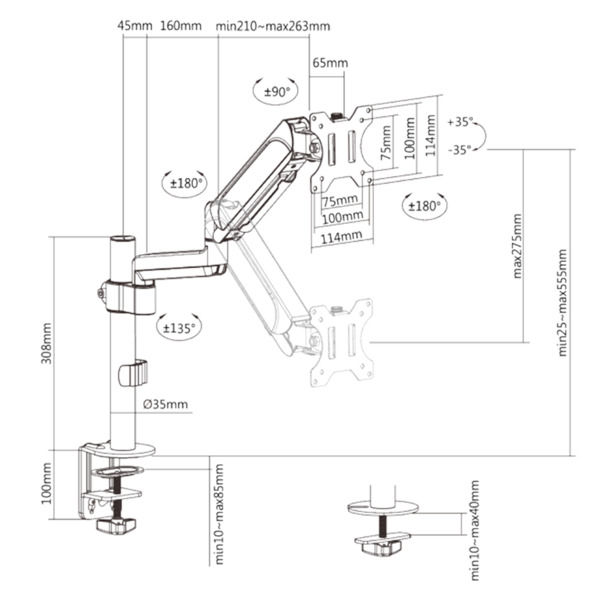 OEM LDT48-C012 Brazo para monitor - Instalación en mesa - Carga máxima 9Kg - Inclinación -45º +45º - VESA 75x75 - VESA 100x100mm (9)