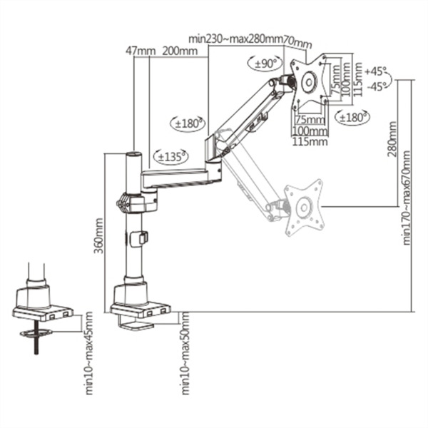 OEM LDT62-C012P Brazo para monitor - Instalación en mesa - Carga máxima 9Kg - Inclinación -45º ~ +45º - VESA 75x75 - VESA 100x10 (9)