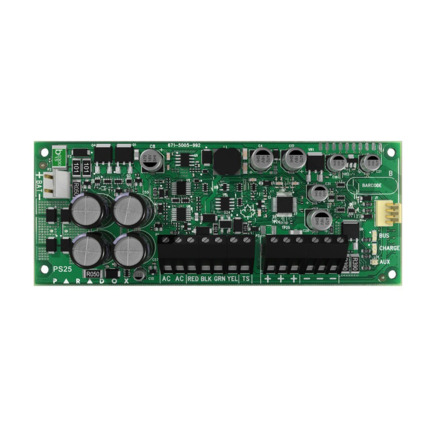 Comprar Paradox PAR-324 PS25 Módulo de fuente de alimentación supervisada Paradox. Supervisión de corriente 2,8A, batería y límite. Salida auxiliar de 2,5A. Hasta 1,2A de carga de bateria. 1 salida PGM. Caja BOX-P compatible. Tamper antisabotaje en placa