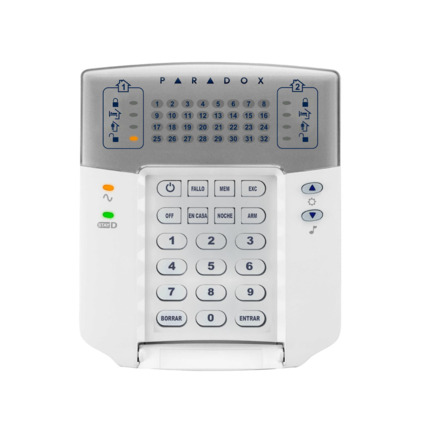 Comprar Paradox PAR-32N K32+ Teclado LED cableado de 32 zonas. Idioma español. Tamper antisabotaje y entrada de zona. 8 teclas funcionales. 3 alarmas de pánico. EN50131 Grado 2