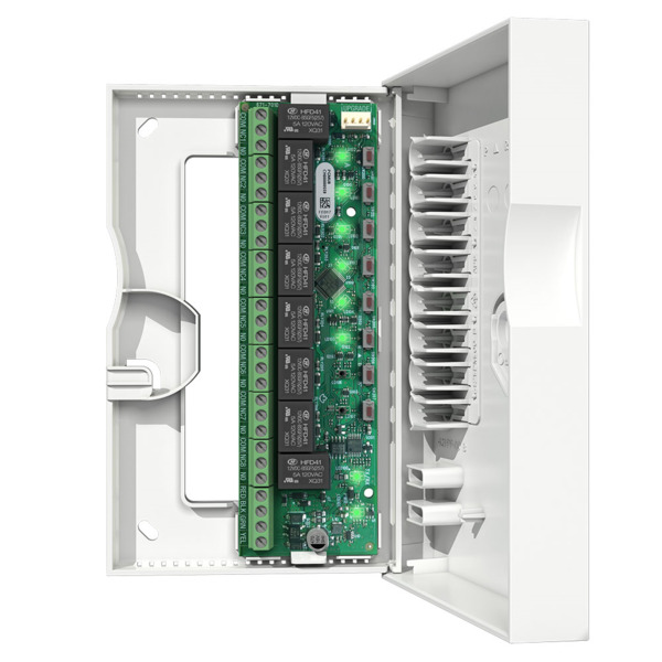 Módulo de 8 salidas de relé PGM de 4A. Compatible con las centrales de alarma Spectra, Magellan, Digiplex Evo y Swan de Paradox.