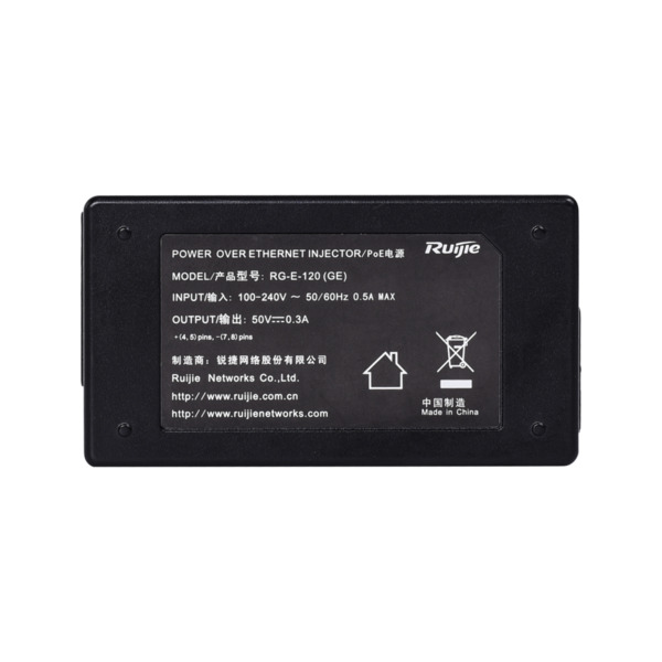 REYEE RG-E-120GE Ruijie - Inyector PoE IEEE802.3af - Puertos RJ45 10/100/1000 Mbps - Potencia 15.4 W - Distancia máxima 100 m - (7)
