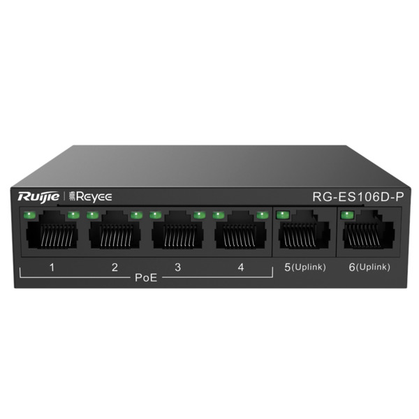 REYEE RG-ES106D-P Reyee Switch PoE Sobremesa - Carcasa Metal - 6 puertos RJ45 10/100 Mbps - 4 Puertos PoE+ 802.3af/at + 2 Puerto