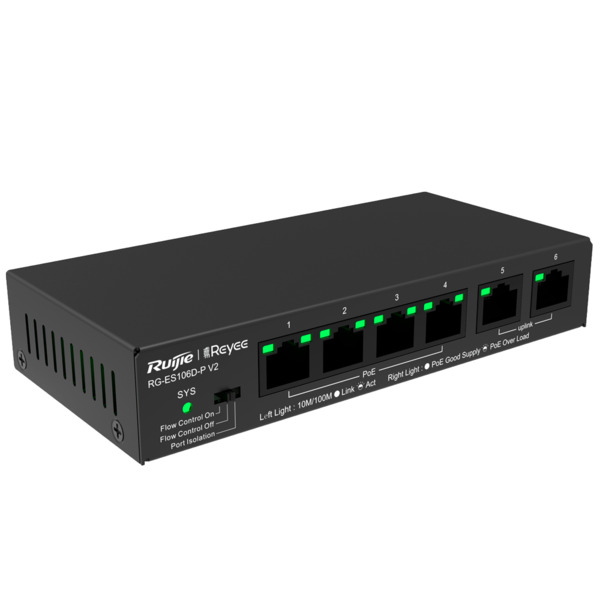 REYEE RG-ES106D-P-V2 Reyee Switch PoE Sobremesa - Carcasa Metal - 6 puertos RJ45 10/100 Mbps - 4 Puertos PoE+ 802.3af/at + 2 Pue (1)