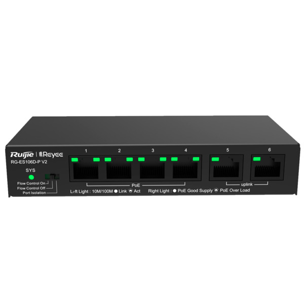 REYEE RG-ES106D-P-V2 Reyee Switch PoE Sobremesa - Carcasa Metal - 6 puertos RJ45 10/100 Mbps - 4 Puertos PoE+ 802.3af/at + 2 Pue