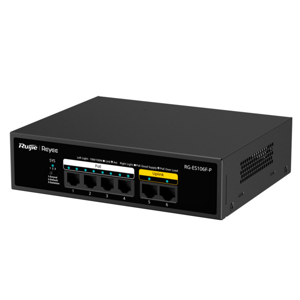 REYEE RG-ES106F-P Reyee Switch PoE Sobremesa - Carcasa Metal - 6 puertos RJ45 10/100 Mbps - 4 Puertos PoE+ 802.3af/at + 2 Puerto (1)