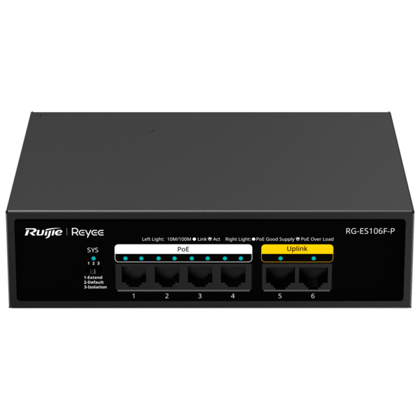 REYEE RG-ES106F-P Reyee Switch PoE Sobremesa - Carcasa Metal - 6 puertos RJ45 10/100 Mbps - 4 Puertos PoE+ 802.3af/at + 2 Puerto