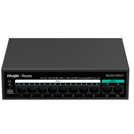 Comprar REYEE RG-ES110FG-P Reyee Switch PoE Sobremesa - Carcasa Metal - 8 puertos RJ45 10/100 Mbps - 8 Puertos PoE+ 802.3af/at + 2 Uplink 1G - Plug and Play - Tecnología de ahorro de energía