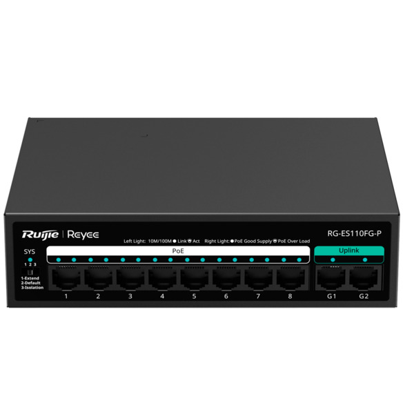 REYEE RG-ES110FG-P Reyee Switch PoE Sobremesa - Carcasa Metal - 8 puertos RJ45 10/100 Mbps - 8 Puertos PoE+ 802.3af/at + 2 Uplin