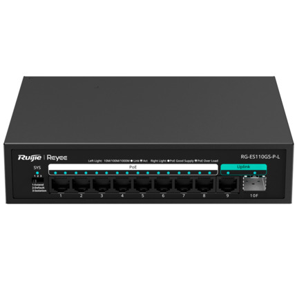Comprar REYEE RG-ES110GS-P-L Reyee Switch PoE Sobremesa - 8 Puertos RJ45 + 1 Uplink RJ45 + 1 Uplink SFP - 8 Puertos Gigabit + 2 Puertos Gigabit - 8 Puertos PoE+ 802.3af/at | Potencia total 120W - Aislado de Puertos / Flow Control / PoE Watchdog - Plug an