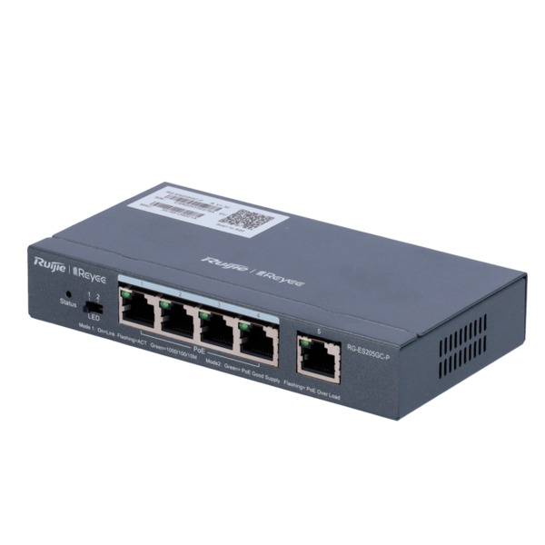 REYEE RG-ES205GC-P Reyee Switch PoE Cloud Gestionable - 4 puertos PoE 802.3af/at + 1 Uplink RJ45 - 4 RJ45 10/100/1000Mbps + 1 RJ