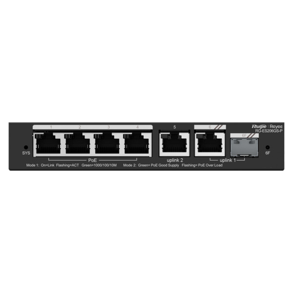REYEE RG-ES206GS-P Reyee Switch PoE Cloud - 4 Puertos PoE + 2 Puertos  Rj45 + 1 SFP Combo - Velocidad de puertos 10/100/1000 Mbp (1)