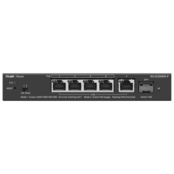 REYEE RG-ES206MG-P Reyee Switch PoE Cloud Capa 2 - 5 puertos PoE MultiGigabit+ 1 10Gbps SFP+ -  PoE 802.3af/at hasta 30w / Máxim (1)